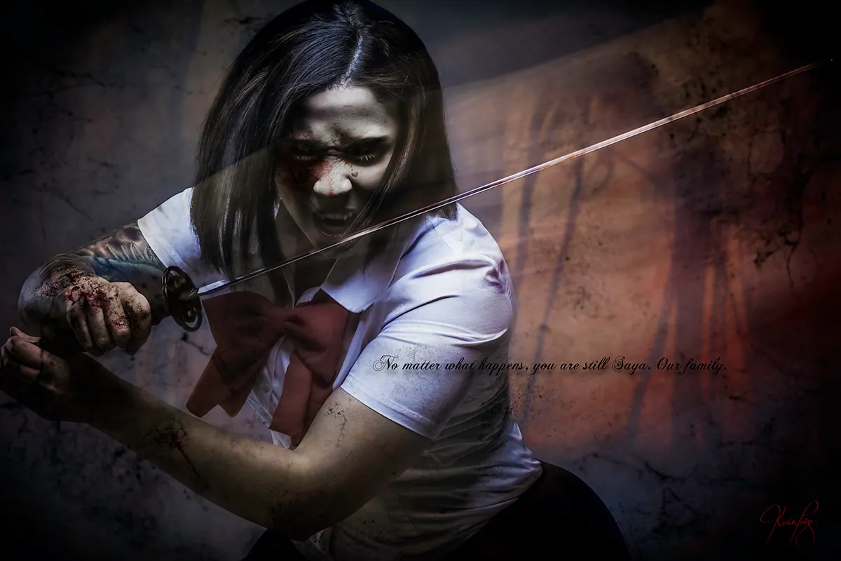 Dark conceptual portrait — violinist in theatrical makeup drawing her bow
