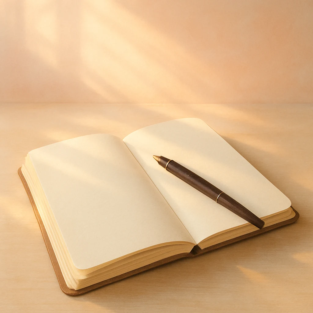 Open notebook with blank pages and dark pen on wooden surface