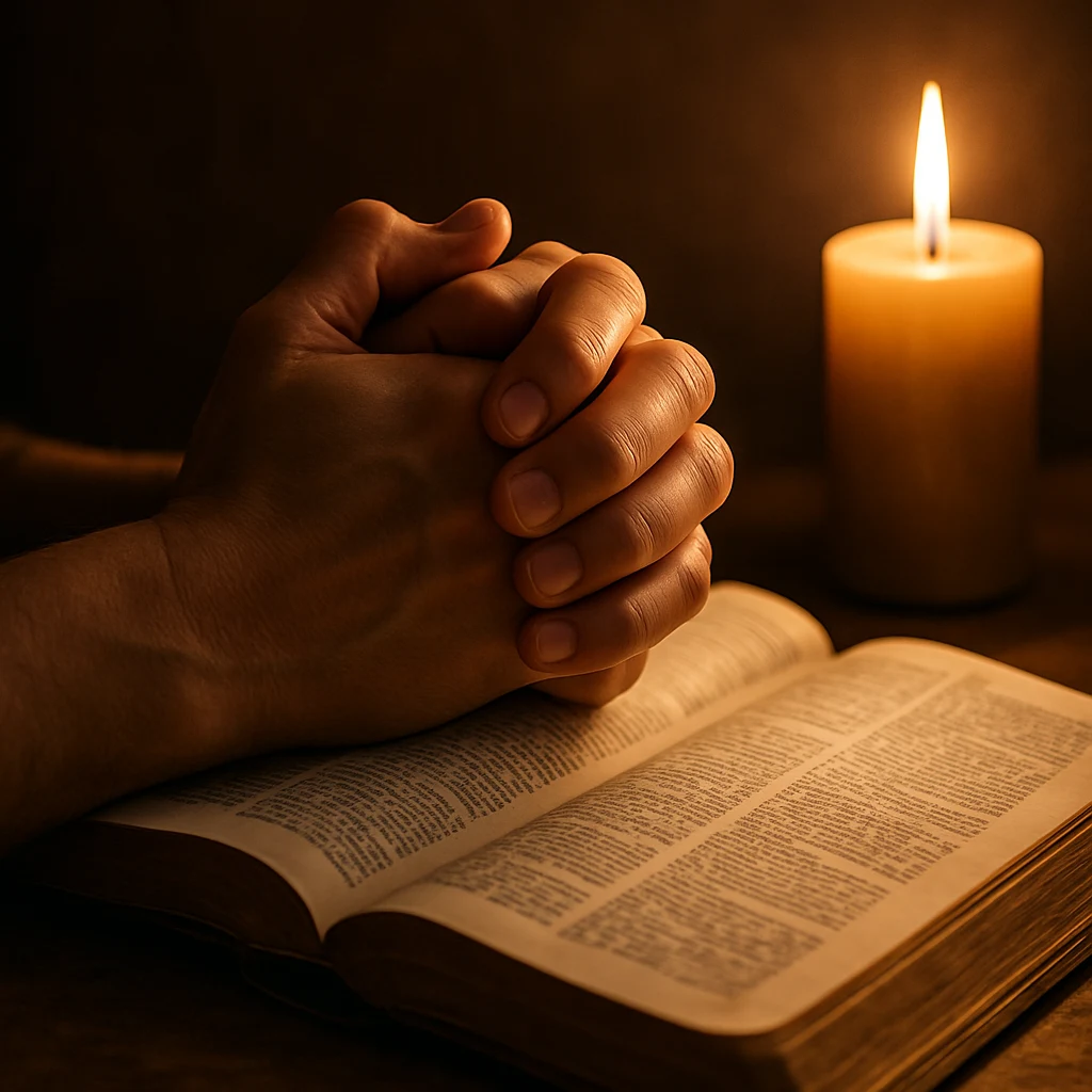 Hands clasped in prayer over an open book with a lit candle in candlelight