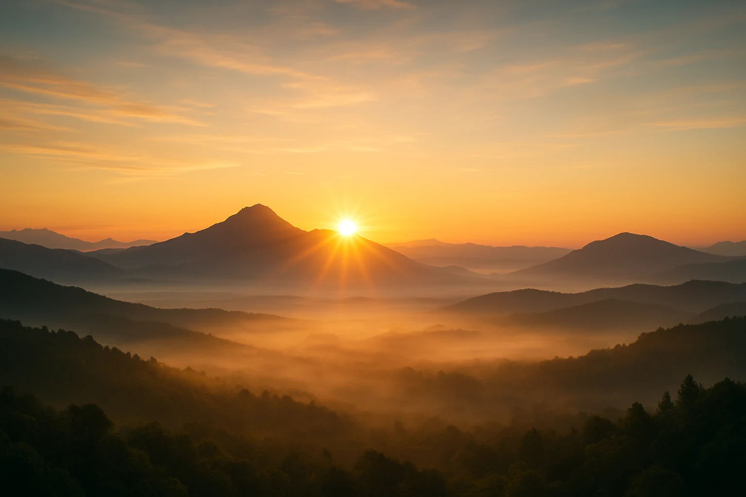 Sunrise over misty mountain valley with forested slopes and peak silhouette